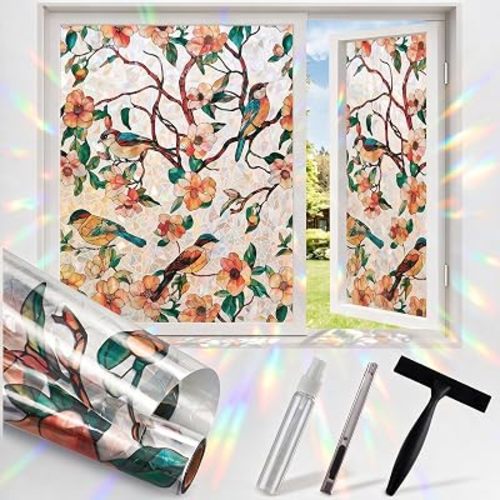 SUNBABY Stained Glass Window Privacy Film, Rainbow Floral Bird, 17.5"x78.7"