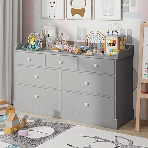 Vabches Kids Dresser Cabinet with 7 Drawers, Changing Table for Nursery, White Chest of Drawers, Baby Dresser, Kids Bedroom Furniture, Nightstand for Child’s Room,Light Grey