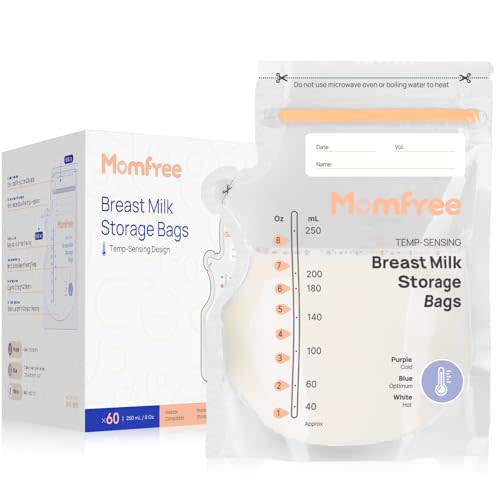 Sterile Breastmilk Storage Bag with Pour Spout 8 Ounce, Temp-Sensing Color Change, Fast Freeze & Thaw Breast Milk Bags for Baby Bottle Feeding, No-Leak Milk Freezer Storage Pouches 60pcs
