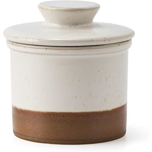 XELA Ceramic Butter Crock, The Original Reactive Two-Colour Glaze, Butter Dish With Water Line for Spreadable Fresh Butter - Latte