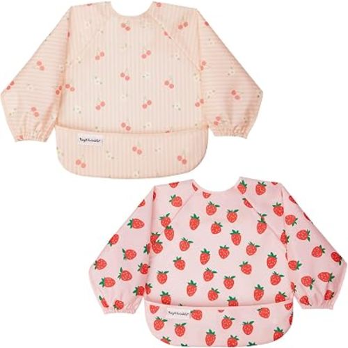 Tiny Twinkle Long Sleeve Bib for Babies&Toddlers|2-Pack Waterproof Smock Bib for Eating|Machine Washable&Mess-Proof Feeding Essentials|Newborn Shower Gift(Cherry Coquette,Strawberries,6-24M)