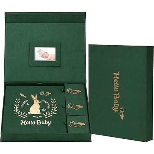 XKDOUS Velvet Baby Book Keepsake Baby Memory Book First 5 Years Baby Milestone Baby Scrapbook & Photo Albums New Baby Shower Gifts For First Time Mom, Girl Or Boy Gender Neutral Milestone Book Green