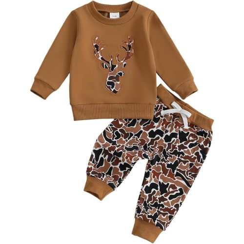 Toddler Baby Boy Hunting Outfit Duck Deer Embroidery Long Sleeve Sweatshirt Camo Pants Set 2Pcs Fall Winter Clothes