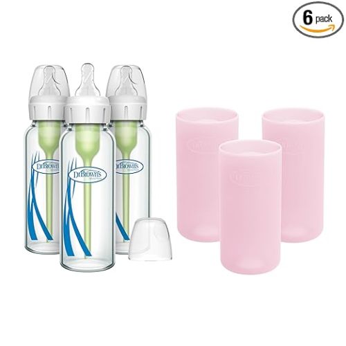 Dr. Brown's Natural Flow Anti-Colic Options+ Narrow Glass Baby Bottles 8 oz/250 mL, with Level 1 Slow Flow Nipple, 3 Pack 0m+ with Pink 100% Silicone Sleeves, BPA-Free