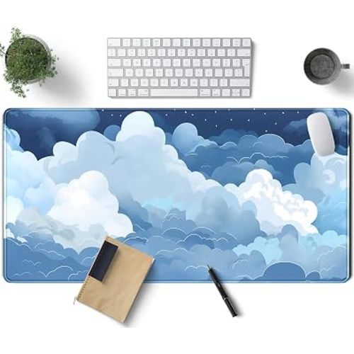 Aesthetic Blue and White Puffy Clouds Desk Mat, XXL Large Kawaii Blue Extended Gaming Mouse Pad with Stitched Edges, Cute Big Laptop Keyboard and Mouse Mat for Women Office Decor Mat 31.5x15.7 in