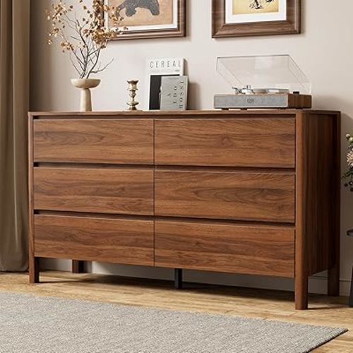 55" Mid-Century Modern Dresser for Bedroom, 6 Drawer Wide Chest of Drawers with Solid Wood Legs, Large Storage Bedroom Dresser, Walnut