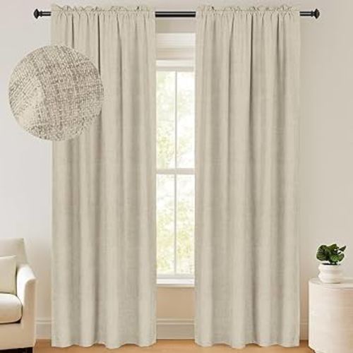 100% Blackout Shield Linen Blackout Curtains 96 Inches Long 2 Panels Set, Blackout Curtains for Bedroom/Living Room, Thermal Insulated Rod Pocket Window Curtains & Drapes, 50W X 96L, Natural Flax