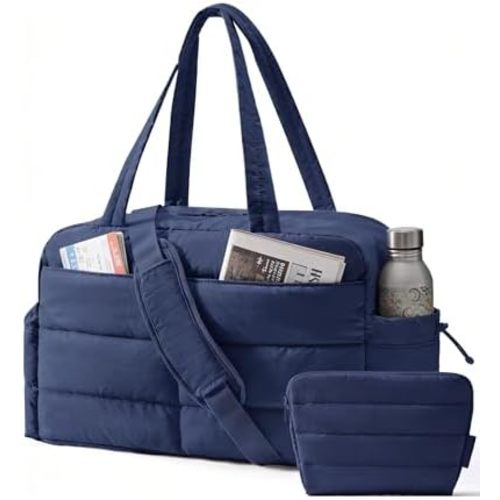 BAGSMART Gym Bag for Women, Lightweight Puffer Duffle Bag 2-PC Travel Bag, 31L Weekender Overnight Bag Quilted Carry On Tote Bag, Diaper Hospital Dance bag for Travel, Gym, Water Resistant, Navy Blue