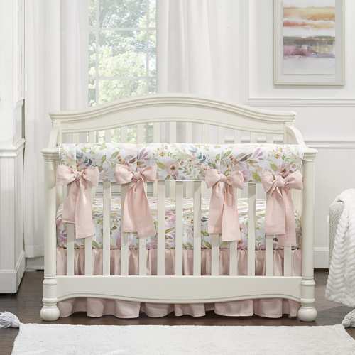 Blush Watercolor Floral 10-pc Crib Bedding Set (Pink Linen Bows)