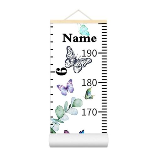 Personalized Growth Chart for Kids, Baby Height Chart with Custom Name, 77"x7.9" Canvas & Beige Wood Height Measuring Rulers for Boys Girls Removable Wall Ruler Hanging for Nursery Decor - Butterfly