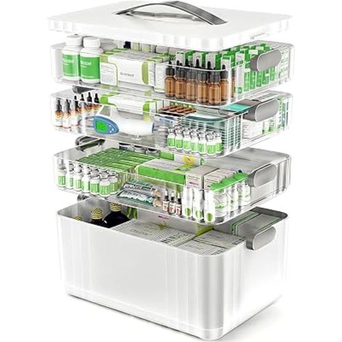 4-Tier Medicine Organizer - Portable Medicine Cabinet with Plastic Handle, Multipurpose Medical Box, Empty First Aid Kit for Home