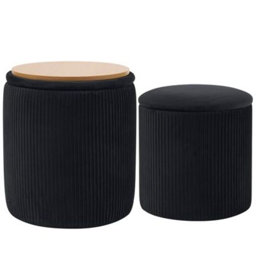 Furniliving Velvet Storage Stool Set Of 2,Round Ottoman With Paint-Free Panels As a Small Table,Cute Foot Stool For Entryway,Black