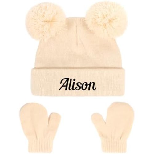 Personalized Baby Beanies Hats, Custom Knitted Toddler Winter Double Pompom Hat