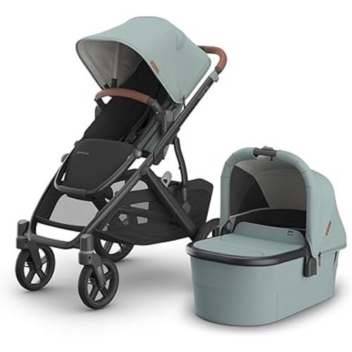 UPPAbaby Vista V3 Stroller + Bassinet V3 - Convertible Single-to-Double Stroller System- Bassinet, Toddler Seat, Bug Shield, Rain Shield Included - Kenzi (Mystic Aqua/Carbon Frame/Saddle Leather)
