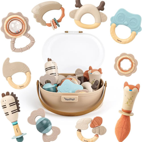 Baby Rattles & Teethers Set – Baby Toys 0-6 Months, Teething Toys 3-6 Months, Sensory Toys with Soft Textures, Gentle Sounds & Easy-Grip Shape, Neutral Newborn Gift（10-Pack）