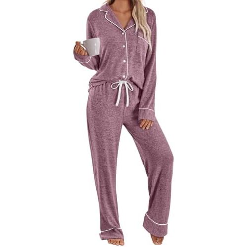 LILLUSORY Women's Long Sleeve Pajama Set - Soft Button-Down Top & Comfortable Drawstring Pants with Pockets