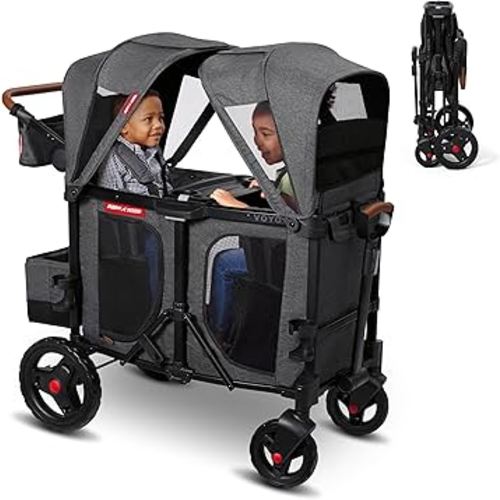 Radio Flyer Voya Stroller Wagon, for Ages 6+ Months, Extra Tall Sides, Push or Pull, 2 Seats, Dual Sun Canopies, Compact Fold, Lightweight, Storage Space, 5-Point Harnesses, Stroller Wagon for Kids