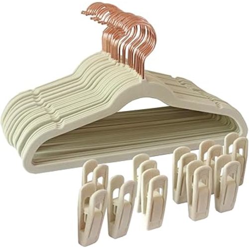 50-Pack 11 Inch Baby Closet Hangers with 10 Clips - Soft Velvet Non-Slip Hangers for Infant & Toddler Clothes (Beige)