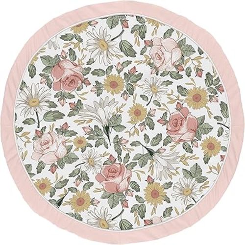 Sweet Jojo Designs Vintage Floral Girl Baby Playmat Tummy Time Infant Play Mat - Blush Pink, Yellow, and Green Boho Shabby Chic Rose Flower Farmhouse