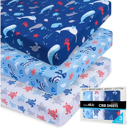 Fitted Crib Sheets 3 Pack by GROW WILD - Soft Jersey Cotton Toddler Sheet | Baby Crib Bedding Set for Boys | Crib Mattress Sheets and Boys Toddler Bed Sheets | Ocean Blue Crib Sheets Whale Turtle