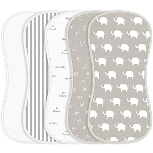 Babebay Burp Cloths for Baby Boys and Girls - Elephant Design - 5 Pack 100% Combed Cotton Baby Burp Cloth Set, Extra Absorbent & Soft Burping Cloth, Baby Spit Up Cloth, Burp Cloth for Newborn