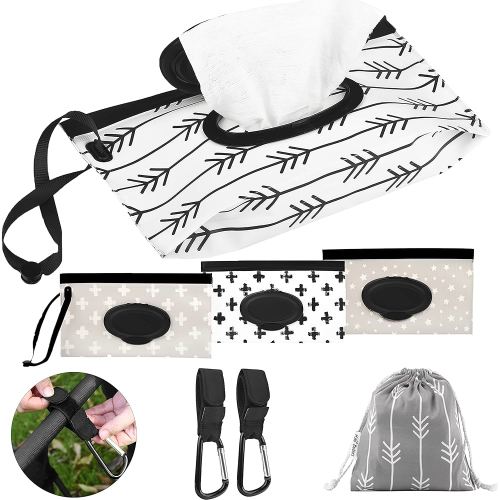 Kiki Babies Portable Wipes container & baby wipes holder 4 -Pc set: Convenient Reusable Wipes Pouch & Travel Wipes Case for On-the-Go Care Refillable Dispenser Includes 2 Pram Hooks & Bag Gift set