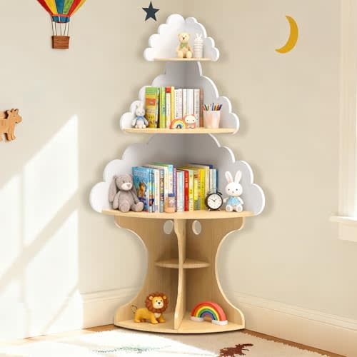 Bookshelf for Kids, Children Cloud-Bookshelf, Space-Saving Montessori Toddler Corner Bookcase for Nursery, Classroom, Kindergarten, Kids Rooms