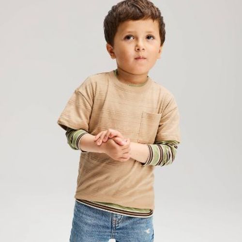 Toddler Boys' Striped Short Sleeve Pocket T-Shirt - Cat & Jack™ Tan 4T