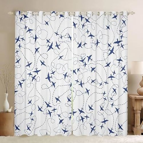 Feelyou Cartoon Flight Darkening Dreapes (2 Panels, 42 x 90 Inch) Kids Airplane Curtains for Bedroom Living Room Toddler Aircraft Print Blackout Curtains Travel Decor Blue and White Window Treatments