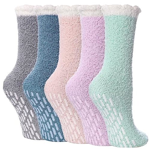 Yebing Non Slip Hospital Socks for Women with Grips Fuzzy Cozy Anti Skid Slipper Socks Winter Warm Soft Fluffy Sleep Socks