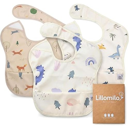 Waterproof Baby Bibs for Eating 3-Pack | Toddler Bibs with Food Catcher | Machine Washable Bibs, Lightweight | Toddlers 6-36 Month, CPSIA Tested, Dinosaur Animal Design (Cream White Beige)