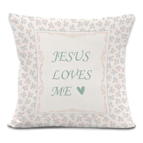 Christian Floral Girl Nursery Throw Pillow Covers, Baby Girl Nursery Decor, Jesus Loves Me Decorative Pillowcases Cushion Cases for Baby Little Girls Room Bedroom Decor, 18x18 Pillow Covers