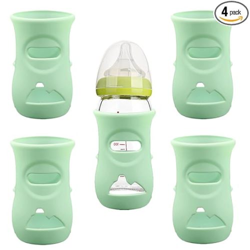4 Pack Silicone Sleeves for Avent Natural Glass Baby Bottles, Anti Breakage Baby Bottle Holder, Compatible with Philips Avent Glass Natural Baby Bottle, BPA Free (Green, 8 OZ)