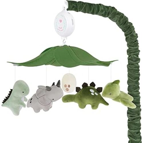 Dinosaur Crib Mobile – Grey and Green Dino Baby Crib Mobile with 3-Mode Music Box, Jurassic Dreams Baby Mobile for Boys & Girls, Nursery Mobiles, Fits Standard Cribs
