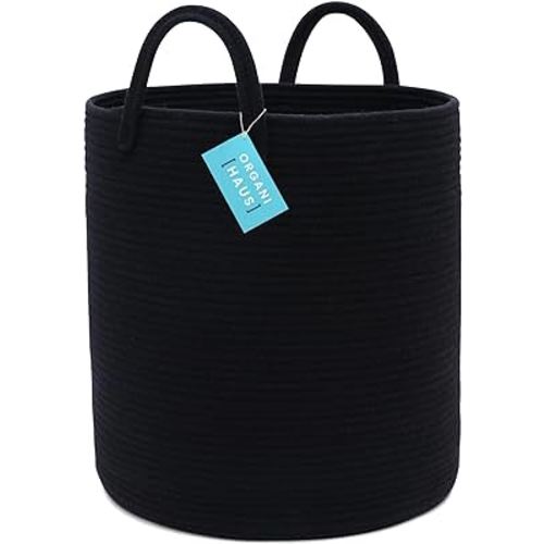 OrganiHaus Large Black Woven Laundry Basket w/Handles 52L, Rope Dirty Clothes Hamper, Blanket Basket for Living Room, Baby Laundry Hamper for Nursery, Soft & Durable Decorative Organizer Bin