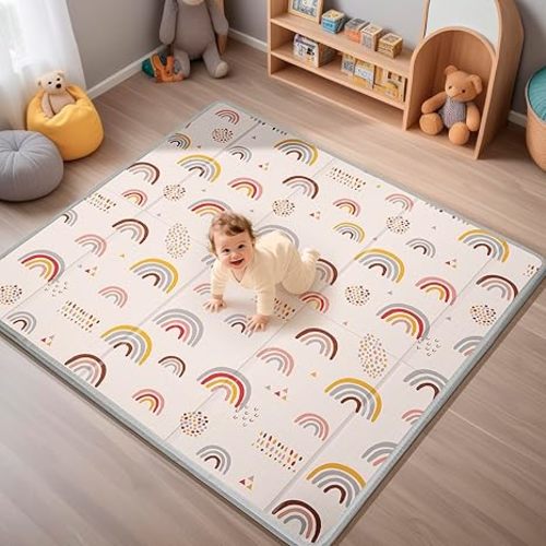 Foldable Baby Play Mat, PIGLOG 50x50 Playpen Mat, Safe Foam Playmat for Tummy Time, Waterproof Playmats for Babies and Toddlers Kids, Reversible Portable Baby Floor Mat for Infant, Rainbow Rain