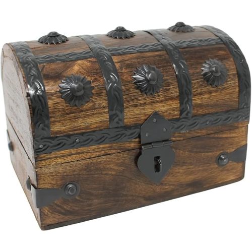 Nautical Cove Treasure Chest Keepsake and Decorative Wood Box (Medium 6.5x4.5x4.5) - Storage Box, Wooden Box with Hinged Lid, Rustic Storage, Pirate Storage Box, Vintage Wooden Chest