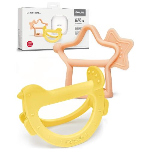 MOYUUM Wrist Teether Gift Set 100% Silicone Wearable Type Baby Chew Toy Baby Gift for Newborn, Roly Poly Toy Silicone Teething Toys for Infant and Toddler Bracelet Type (Bird Yellow, Star Coral Beige)