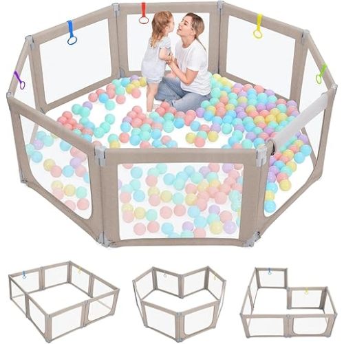 Dripex Foldable Playpen for Babies and Toddlers, 71"×69" Extra Large Baby Playpen, Indoor & Outdoor Safety Gate Collapsible Play Pen, Baby Fence Play Area with Visible Mesh, Khaki