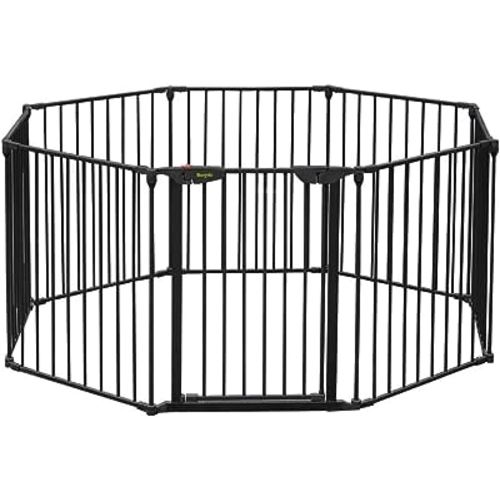 Bonnlo 188'' Wide Baby Gate Playpen 8 Panel Adjustable Play Yard Metal Dog Gate with Door Fireplace Christmas Tree Fence for Pet/Child/Toddler