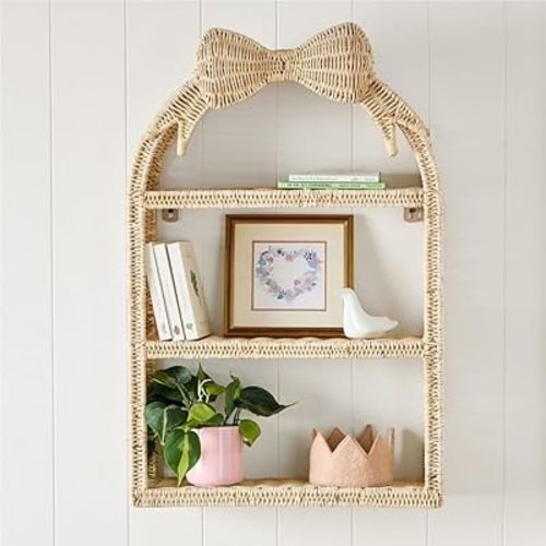 Rattan Floating Shelves, Storage Basket with Bow Shape for Wall, Practical Hanging Ornament, Woven Decoration Shelf for Living Room, Bedroom, Entryway