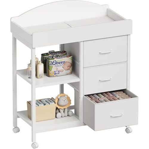 Changing Table, Baby Dresser with 3 Drawers and 2 Shelves, Multi-Functional Baby Changing Table with Pad, Classic Nursery Dresser, Diaper Changing Station, White (White)