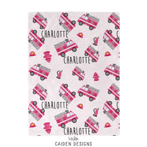 Pink Firetruck Baby Blanket: Personalized Minky Fleece Blanket