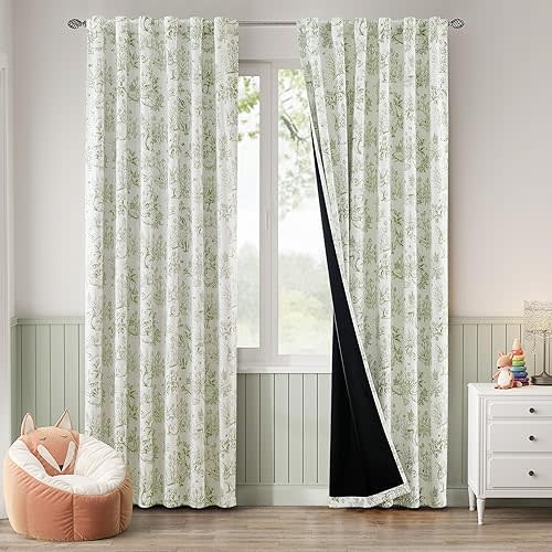jinchan 100% Blackout Nursery Curtains 84 Inches Long, Easter Bunny Woodland Toile Curtain Sage Green Animal Printed Drapes for Bedroom Rod Pocket Thermal Insulated Farmhouse Window Drape 2 Panels