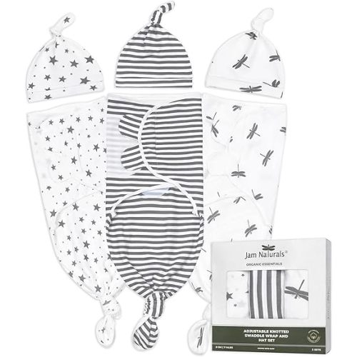 Jam Naturals- Organic Knotted Tie Bottom Adjustable Velcro Swaddle and Hat Set of 3, Newborn Sleep Sack (0-3m, 7-14lbs Grey)