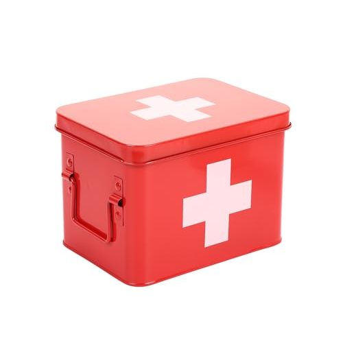 Lassos Boutique Retro Enameled First Aid Box for Medicine Storage and Home Decor with Lid and Removable Tray (Red/White)