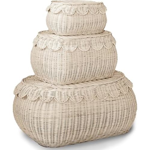 BEBE BASK Large Scalloped Basket Set Of 3 - Hand-Woven & Award-Winning Scallop Basket - XL - Extra Large for Blankets 22 x 16 x 10 In - Elegant Wicker With Scalloped Edge Lid (Natural)