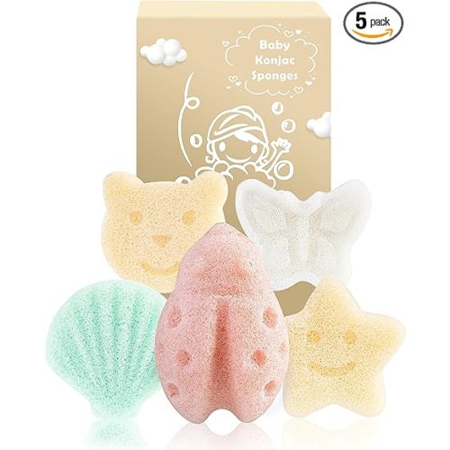 MoHern Konjac Baby Sponge for Bathing, 5Pcs Natural Cute Shapes, Kids Bath sponges for Infants, Toddler Bath time, Plant-Based, Extra Soft