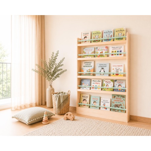 Wooden Montessori Bookshelf for Kids with Sage-Painted Rods | Front Facing Kids' Bookcase