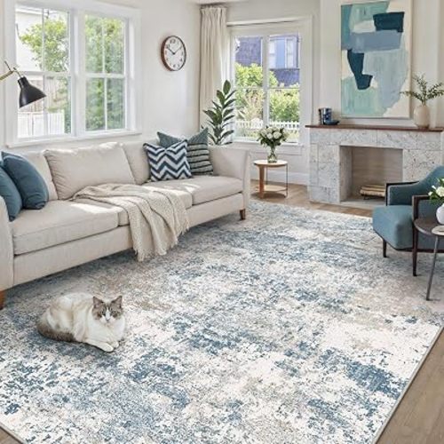 PureCozy Blue 6x9 Area Rug Washable Modern Abstract Living Room Carpet Non Slip Neutral Low Pile Soft Contemporary Aesthetic Bedroom Large Rug Indoor Office Dining Room Playroom